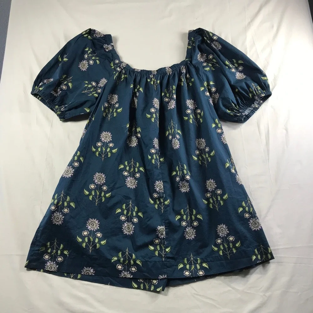 Old Navy Women 2X Teal Floral Puff Sleeve Cotton Boho Blouse Top 766909-00-1